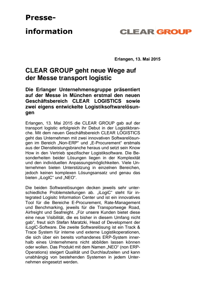 13.05.2015 CLEAR GROUP geht neue Wege auf der Messe transport logistic