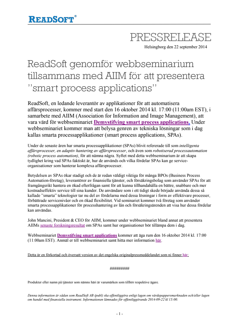 ReadSoft genomför webbseminarium tillsammans med AIIM för att presentera ”smart process applications”