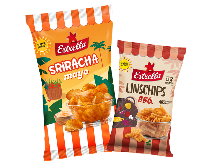 Två sommarsnacks från Estrella 2021: finräfflade potatischips Sriracha Mayo och Linschips BBQ