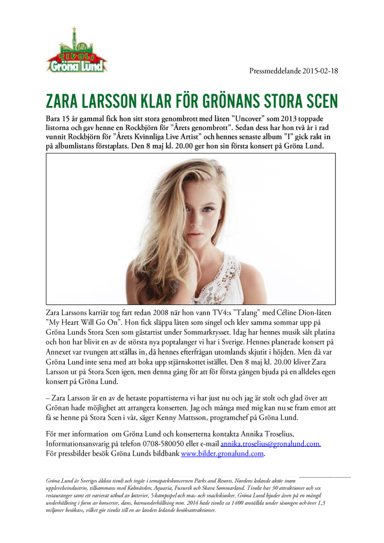 Zara Larsson klar för Grönans Stora Scen