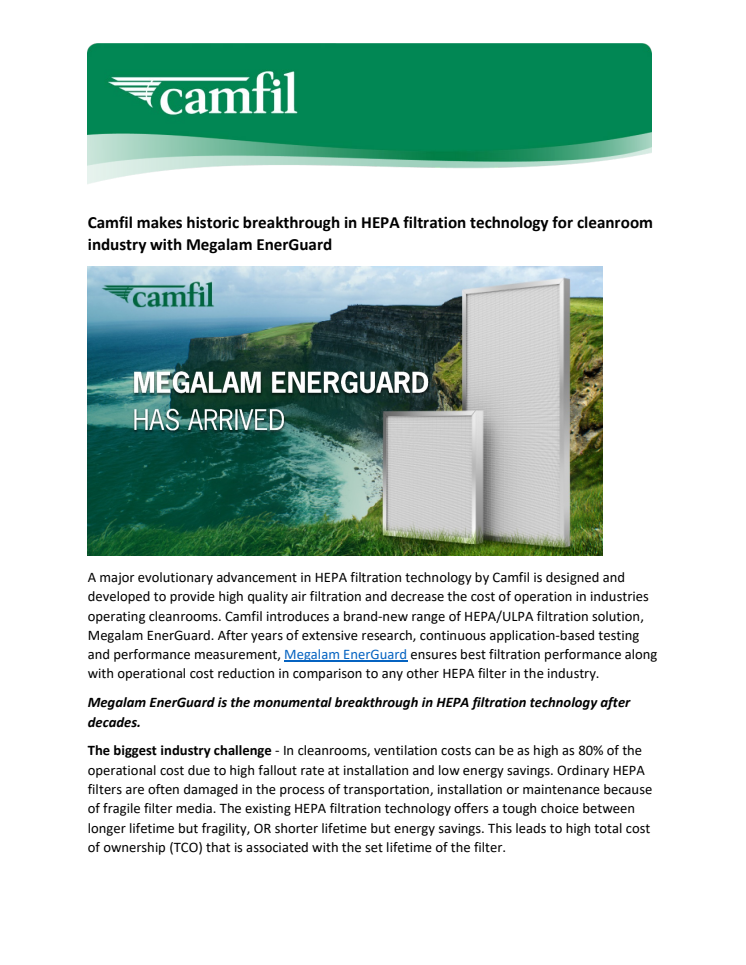 Camfil makes historic breakthrough in HEPA filtration technology for cleanroom industry with Megalam EnerGuard 