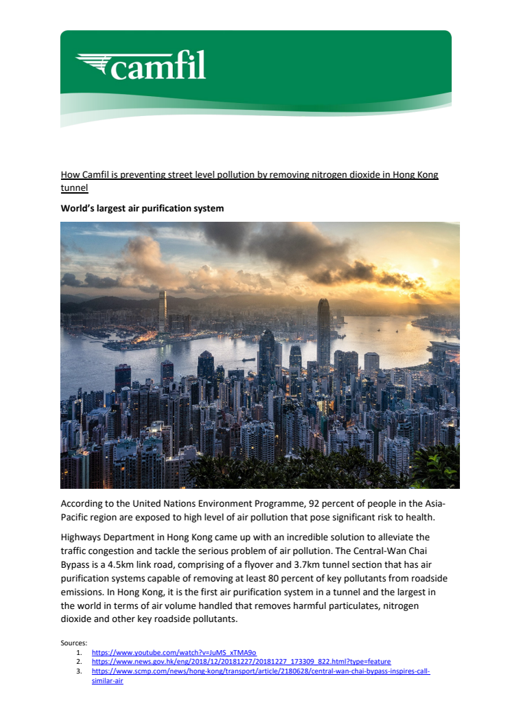 How Camfil is preventing street level pollution by removing nitrogen dioxide in Hong Kong tunnel 