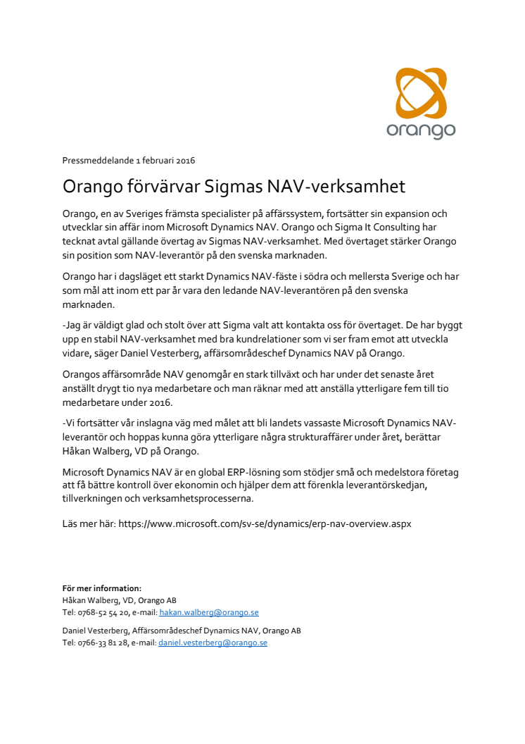 Orango förvärvar Sigmas NAV-verksamhet