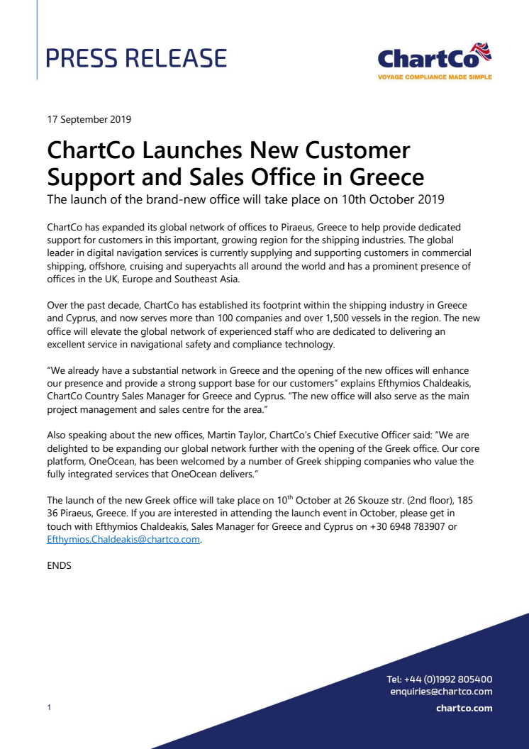 ChartCo Launches New Customer Support and Sales Office in Greece