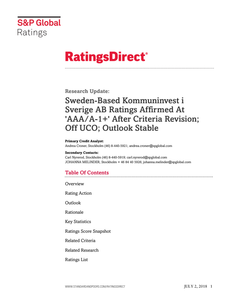 S&P Research Update Kommuninvest July 2018