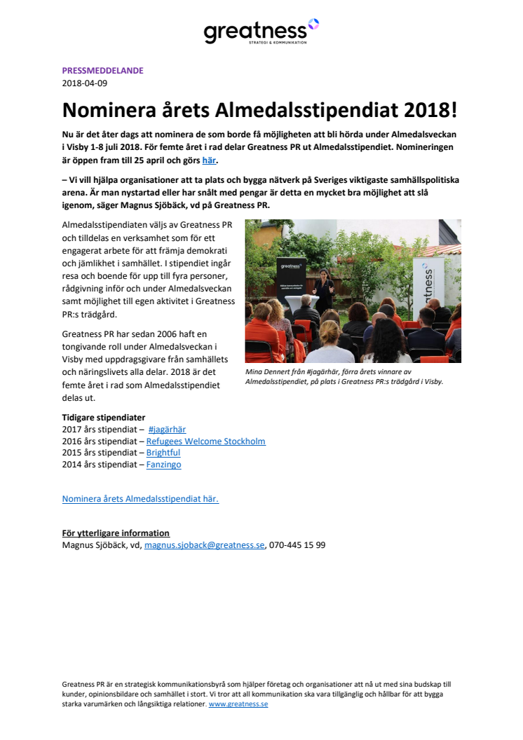 Nominera årets Almedalsstipendiat 2018!