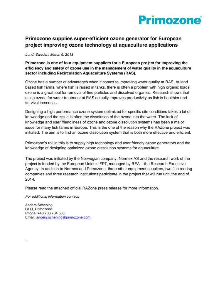 Primozone supplies super-efficient ozone generator for European project improving ozone technology at aquaculture applications