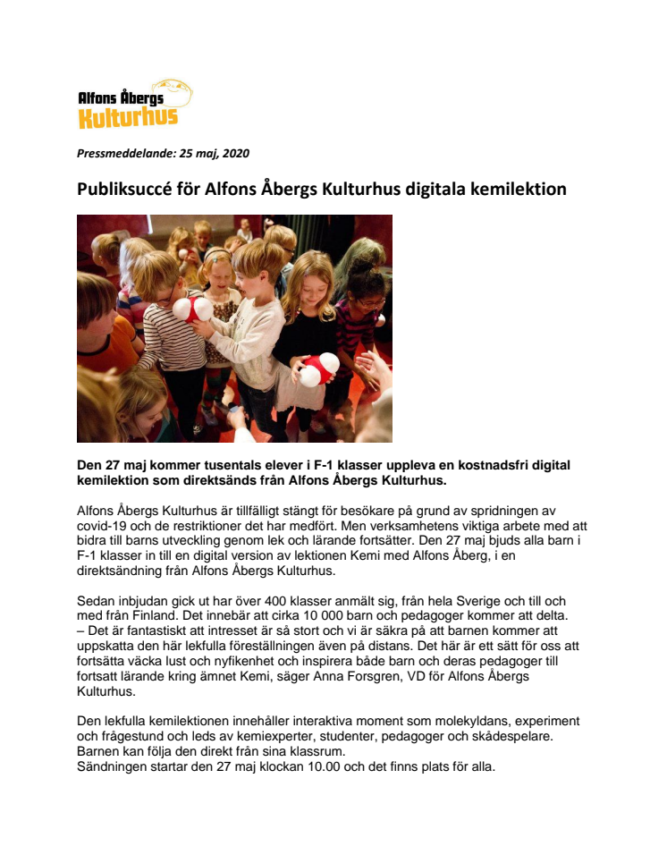 Publiksuccé för Alfons Åbergs Kulturhus digitala kemilektion	