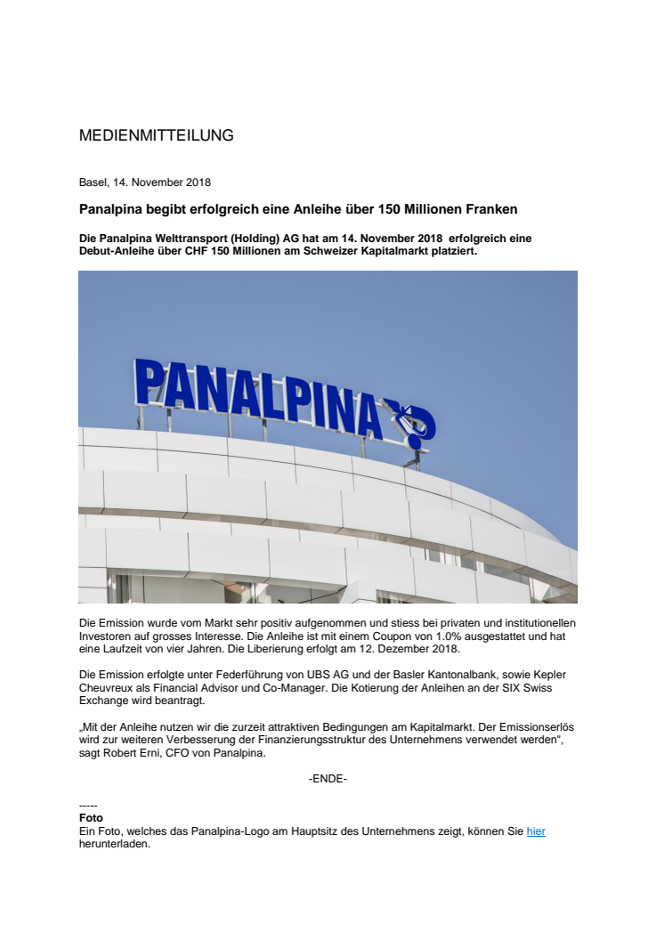 Panalpina begibt erfolgreich eine Anleihe über 150 Millionen Franken