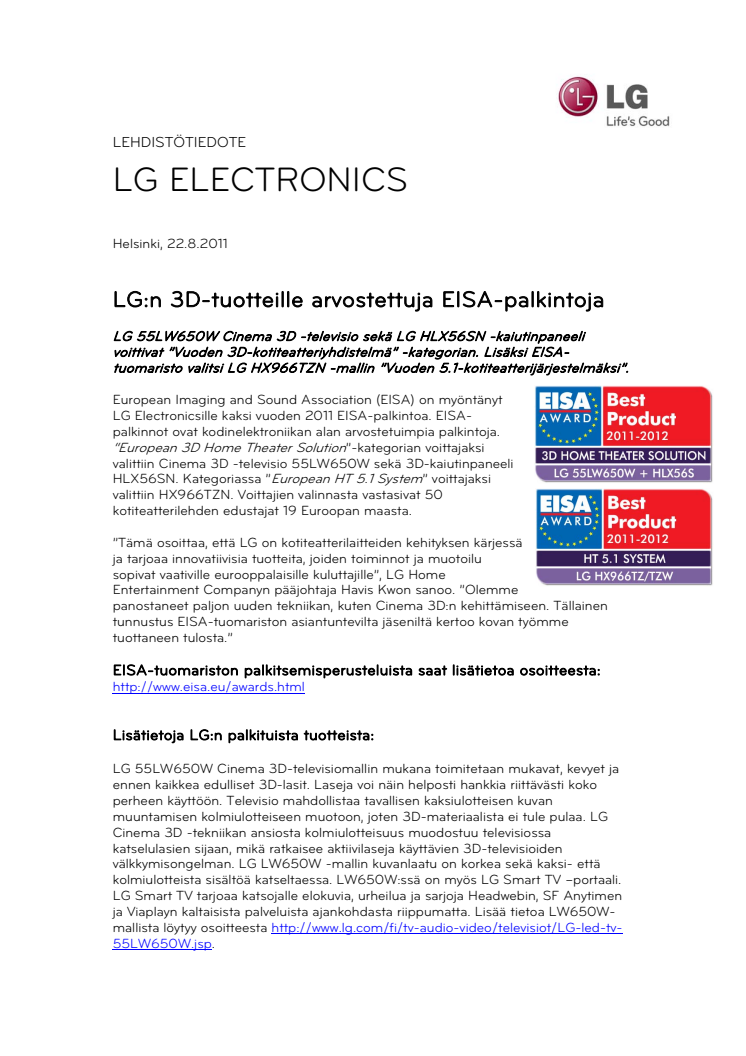 LG:n 3D-tuotteille arvostettuja EISA-palkintoja