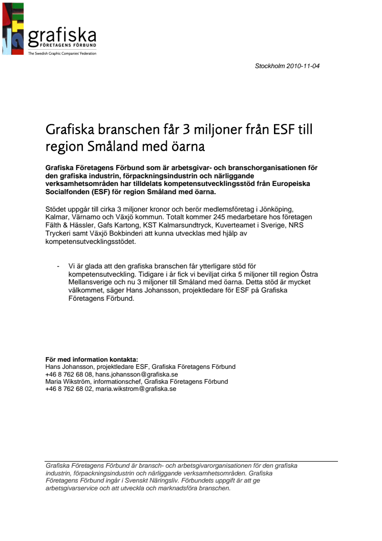 Grafiska branschen får 3 miljoner från ESF till region Småland med öarna