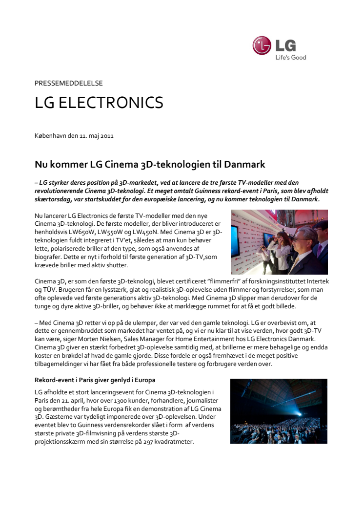 Nu kommer LG Cinema 3D-teknologien til Danmark