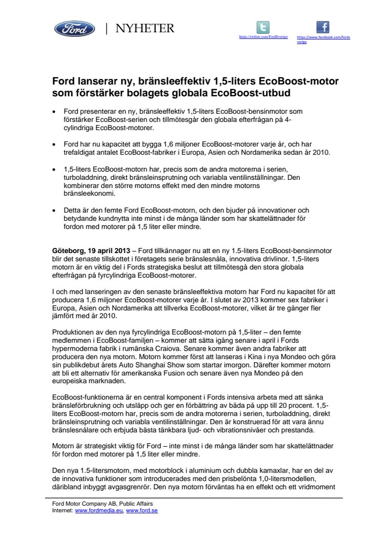 Ford lanserar ny, bränsleeffektiv 1,5-liters EcoBoost-motor som förstärker bolagets globala EcoBoost-utbud