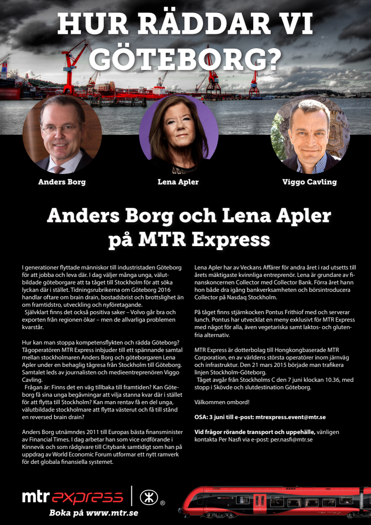 Inbjudan till MTR Express  med tema business under parollen "Hur räddar vi Göteborg"