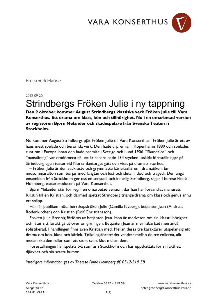 Strindbergs Fröken Julie i ny tappning