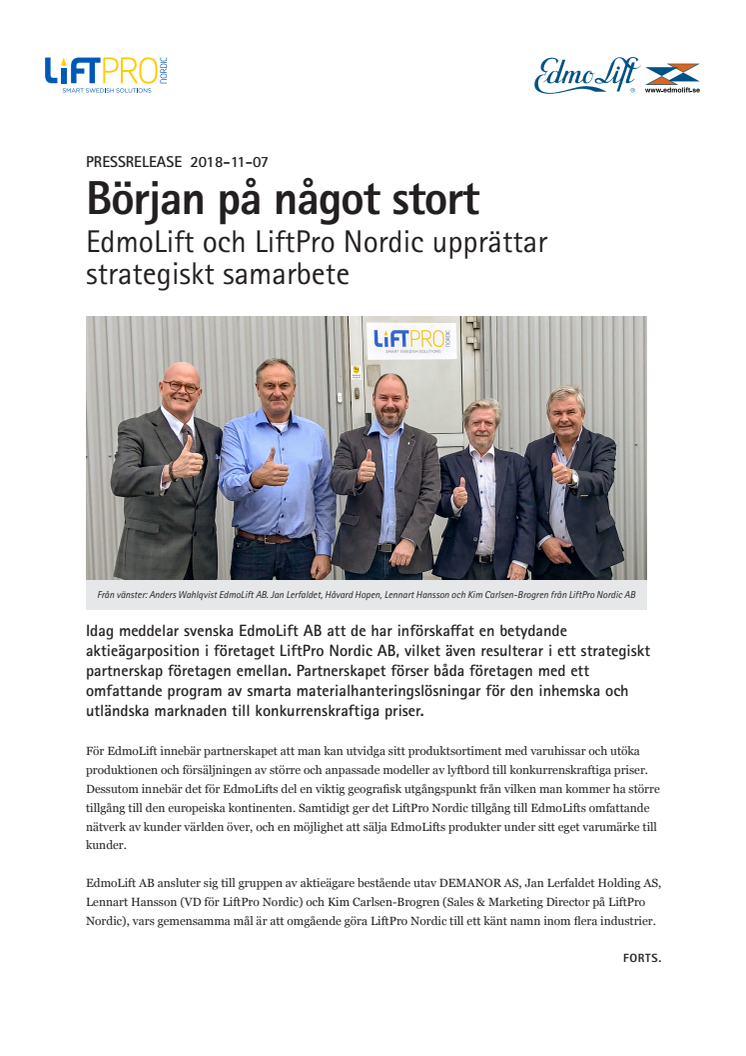 EdmoLift och LiftPro Nordic upprättar strategiskt samarbete