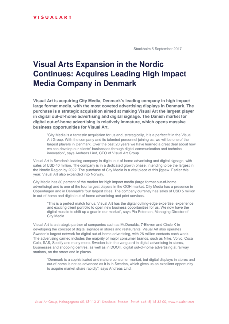 Visual Art acquires leading high impact media company in Denmark