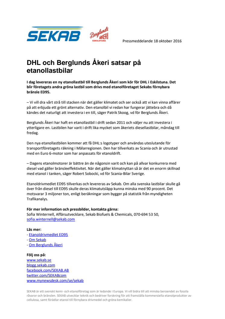 DHL och Berglunds Åkeri satsar på etanollastbilar