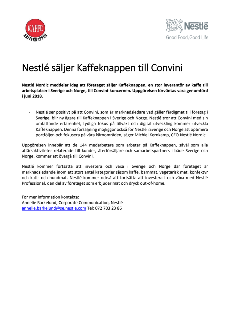 ​​Nestlé säljer Kaffeknappen till Convini