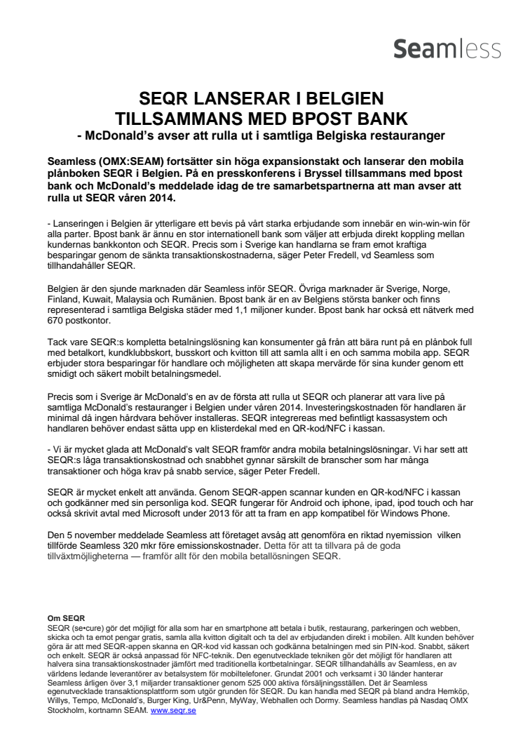 Seqr lanserar i Belgien tillsammans med bpost bank- Mcdonald's avser att rulla ut i samtliga Belgiska restauranger