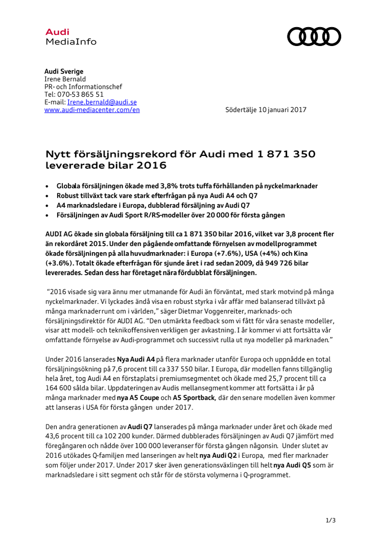 Nytt försäljningsrekord för Audi med 1 871 350 levererade bilar 2016
