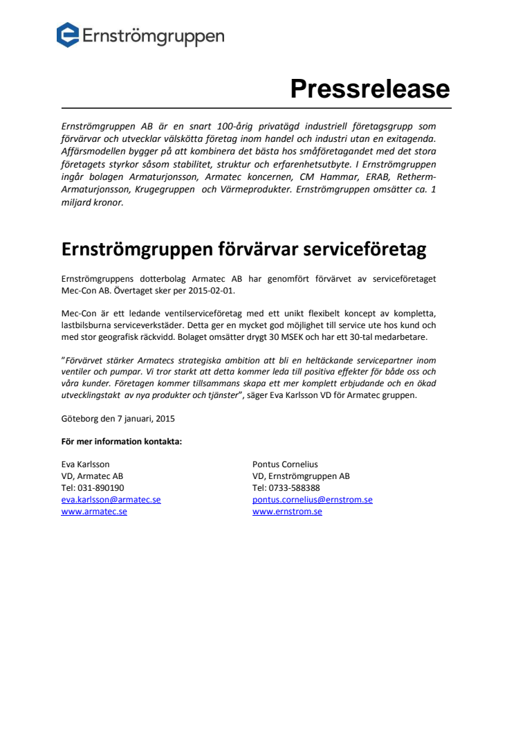 Ernströmgruppen förvärvar servicebolag