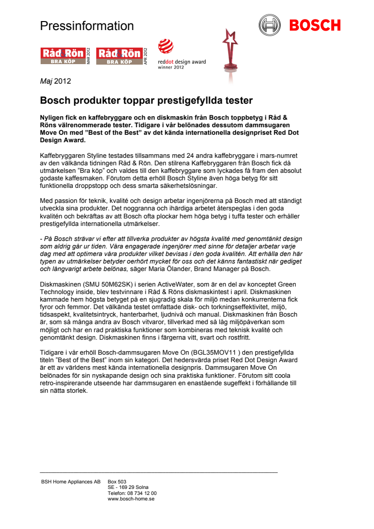 Bosch produkter toppar prestigefyllda tester