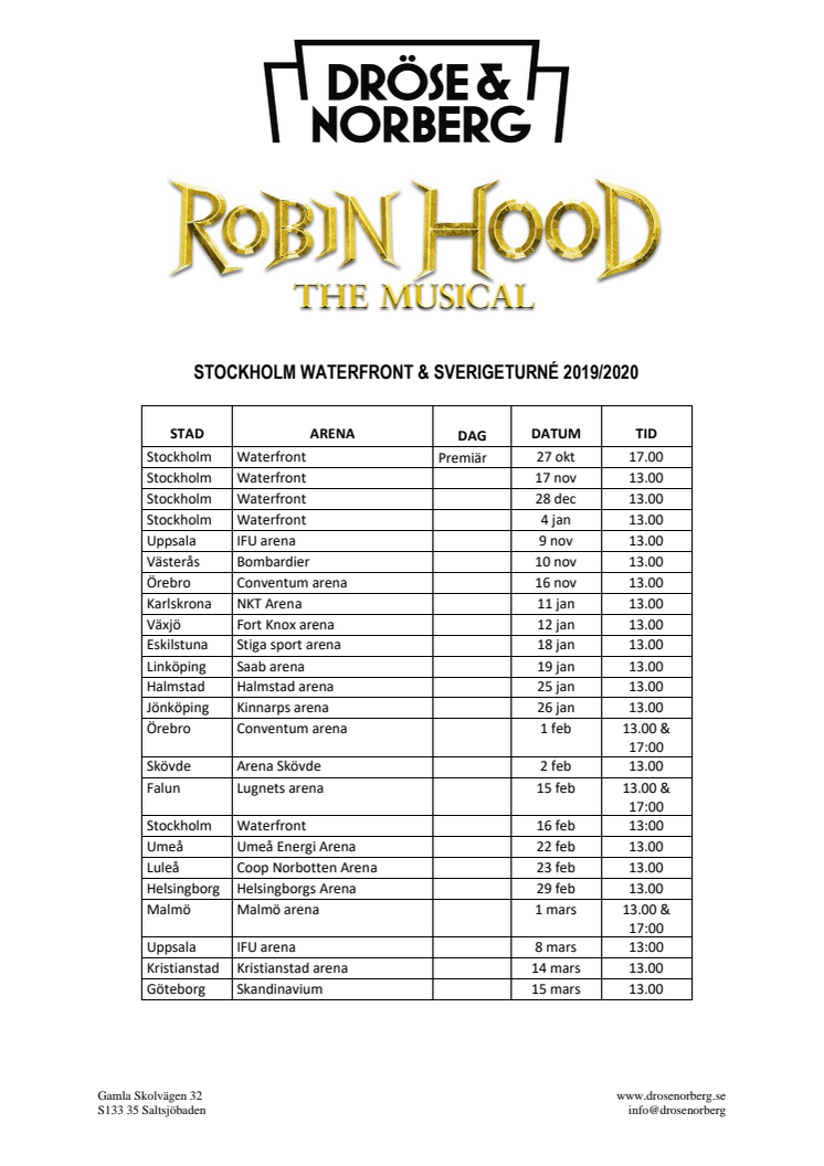 Turnéplan - Robin Hood The Musical 2019/2020