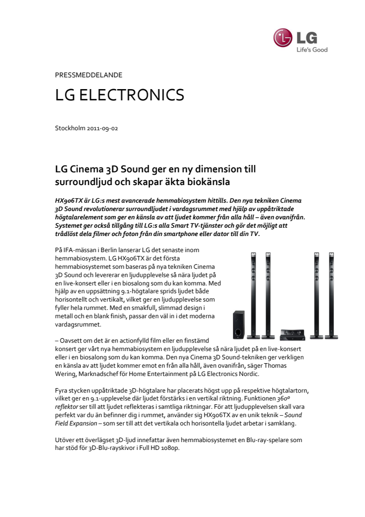 LG Cinema 3D Sound ger en ny dimension till surroundljud och skapar äkta biokänsla 