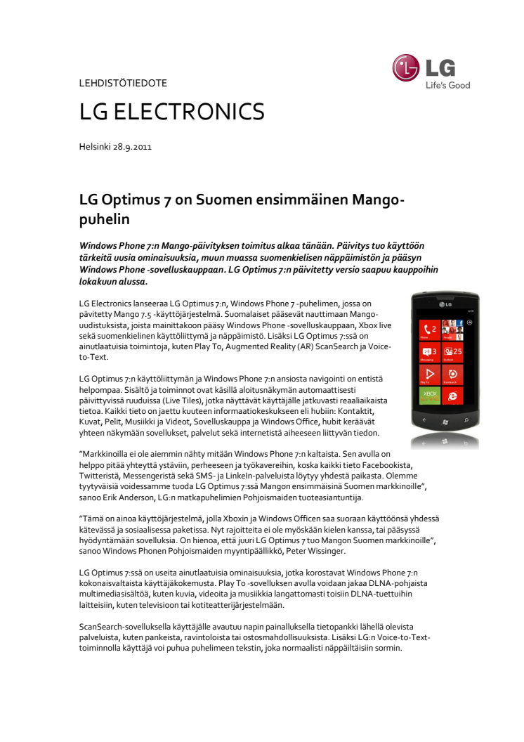 LG Optimus 7 on Suomen ensimmäinen Mango-puhelin
