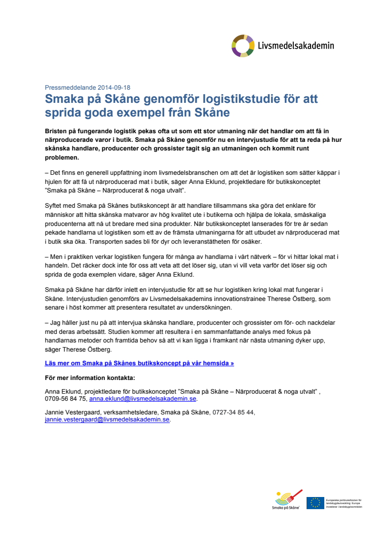 Smaka på Skåne genomför logistikstudie för att sprida goda exempel från Skåne