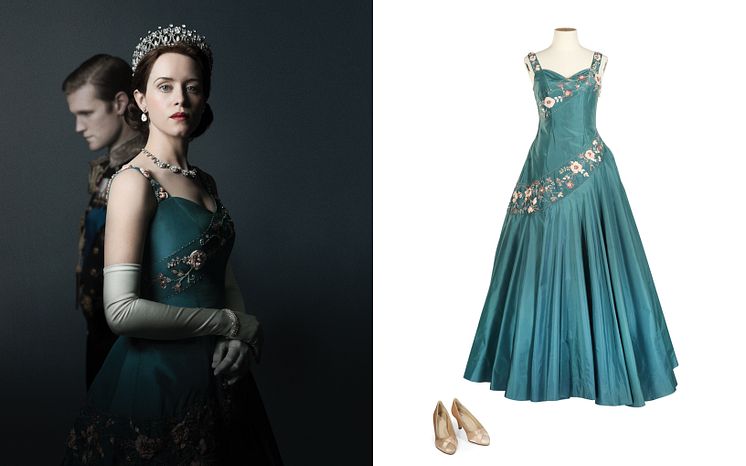 Claire Foy (as The Queen)_ Full-length teal ballgown and pale gold satin pointed heels-2