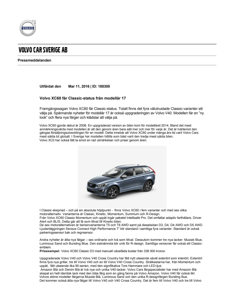Volvo XC60 får Classic-status från modellår 17
