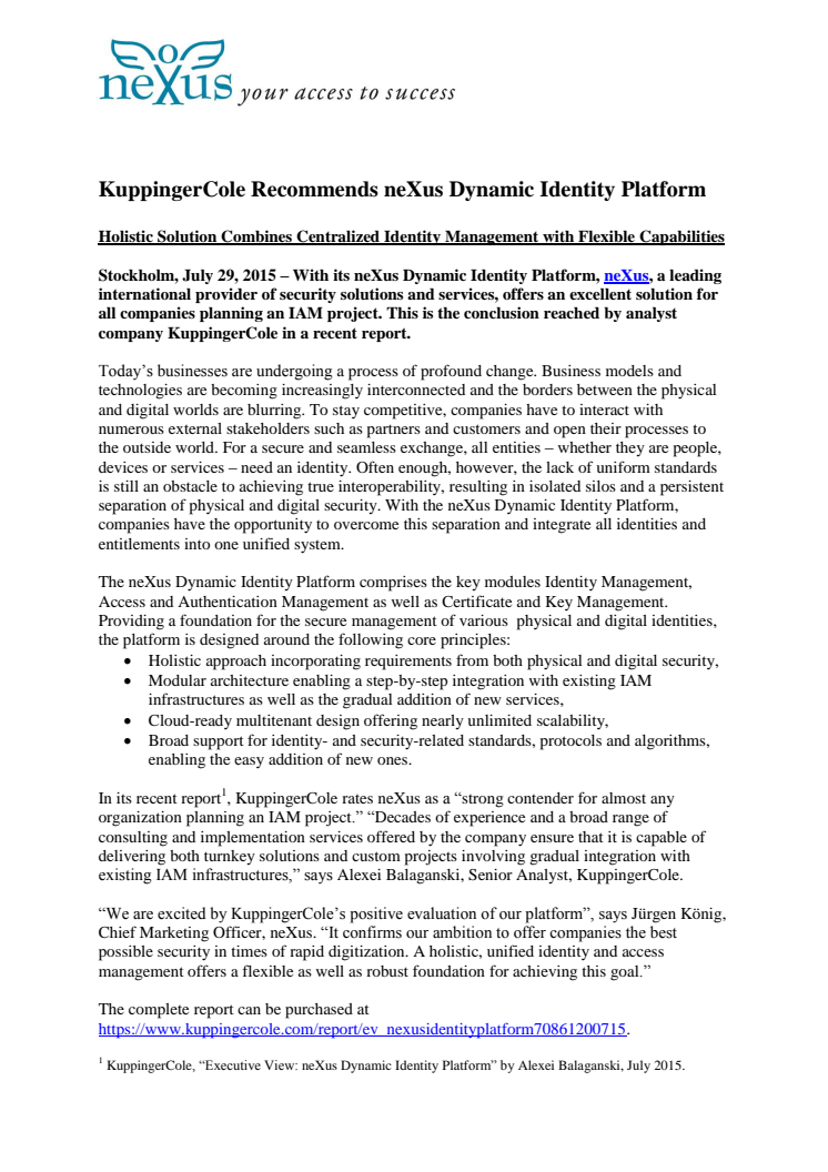 KuppingerCole Recommends neXus Dynamic Identity Platform
