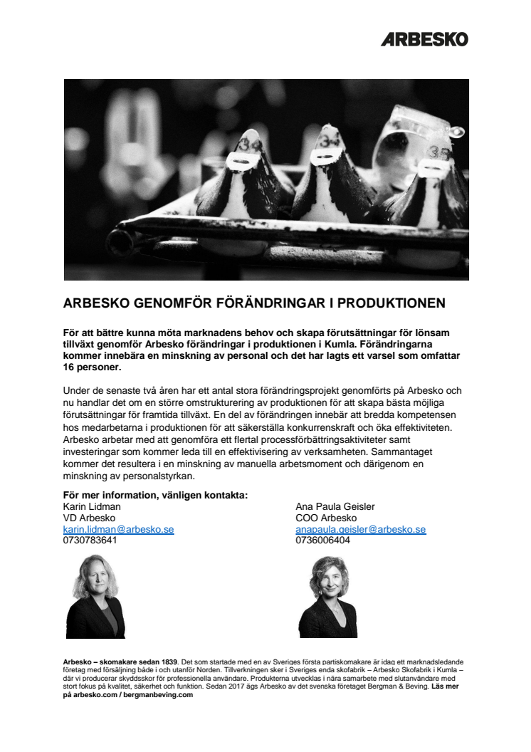 Arbesko genomför förändringar i produktionen