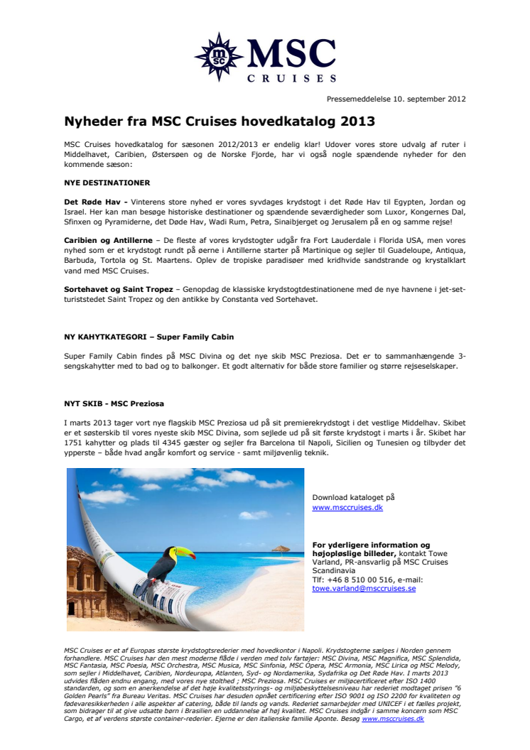 Nyheder fra MSC Cruises hovedkatalog 2013