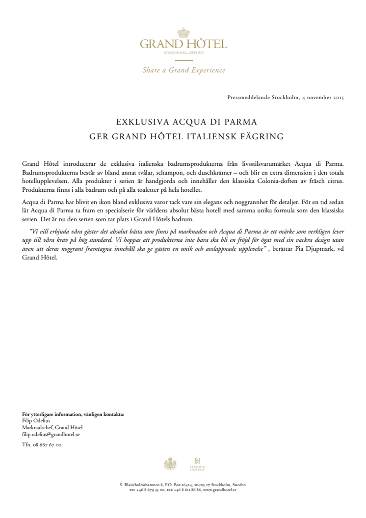 Exklusiva Acqua di Parma ger Grand Hôtel italiensk fägring 