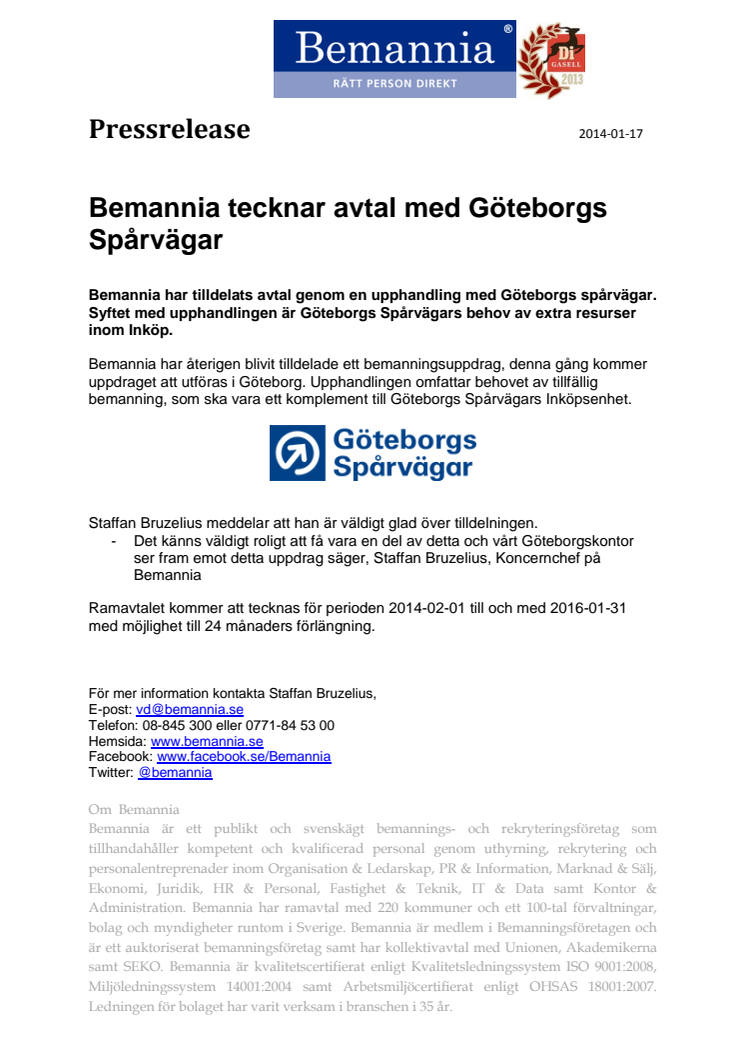 Bemannia tecknar avtal med Göteborgs Spårvägar 