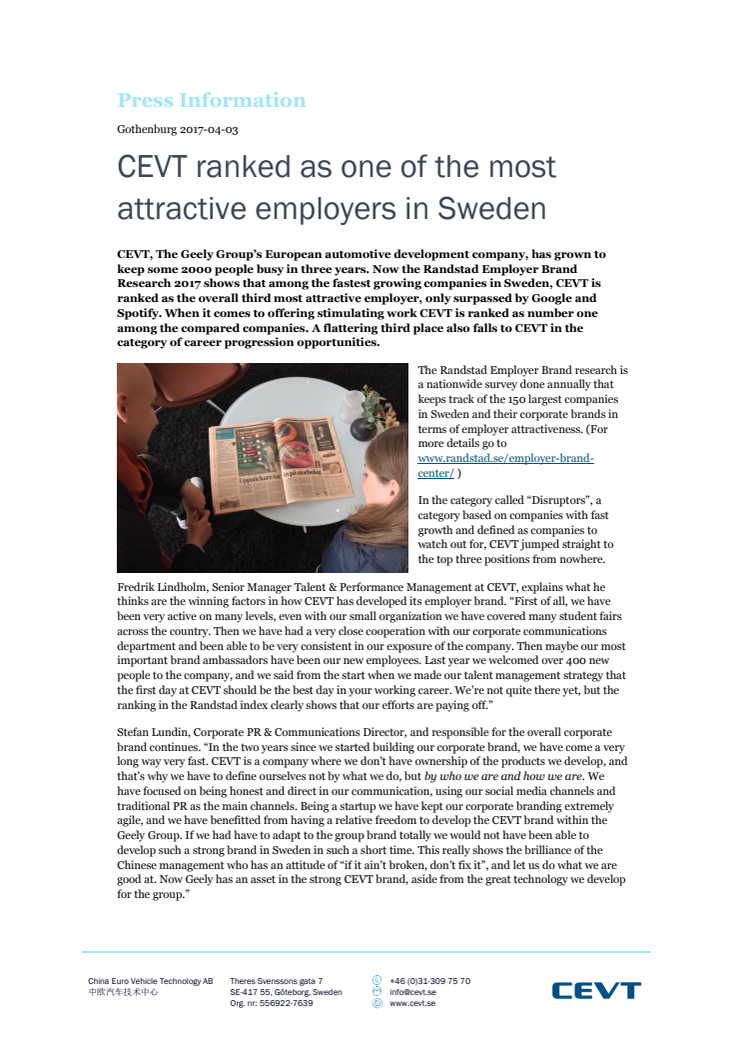 CEVT ranked as one of the most attractive employers in Sweden