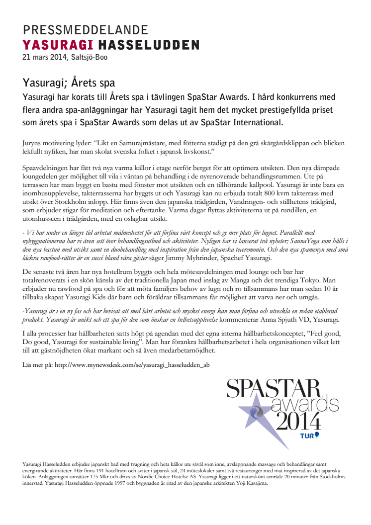 Yasuragi Hasseludden; Årets Spa i Spa Star Awards