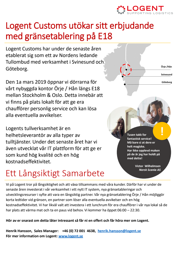 Logent Customs utökar sitt erbjudande med gränsetablering på E18