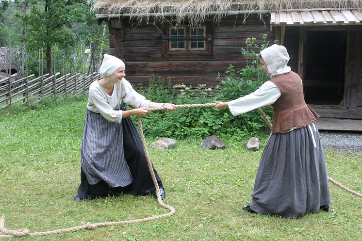 Dragkamp utanför bergsmansgården på Vallby Friluftsmuseum