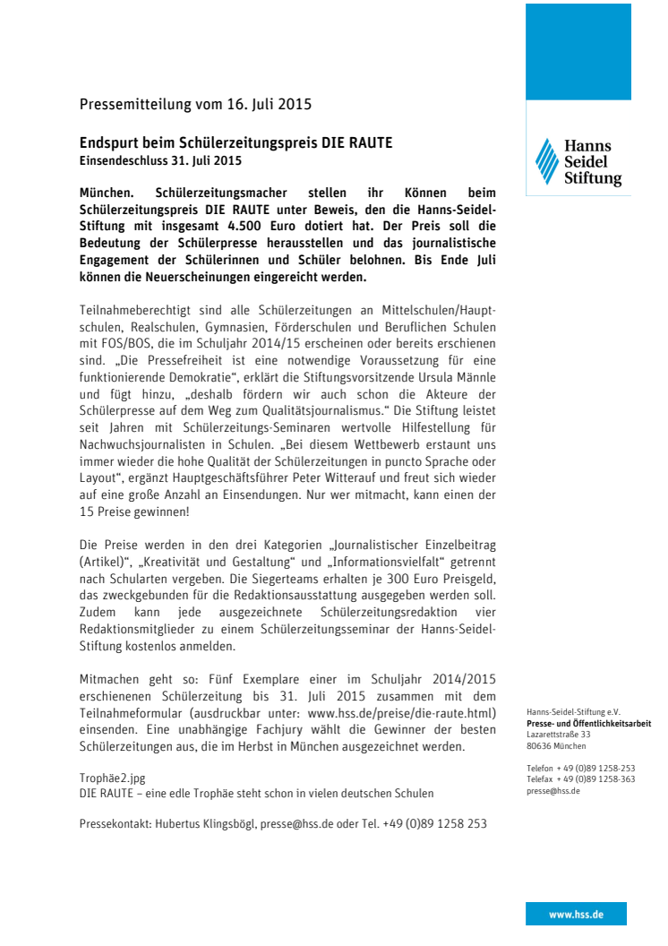 Endspurt beim Schülerzeitungspreis DIE RAUTE  / Einsendeschluss 31. Juli 2015