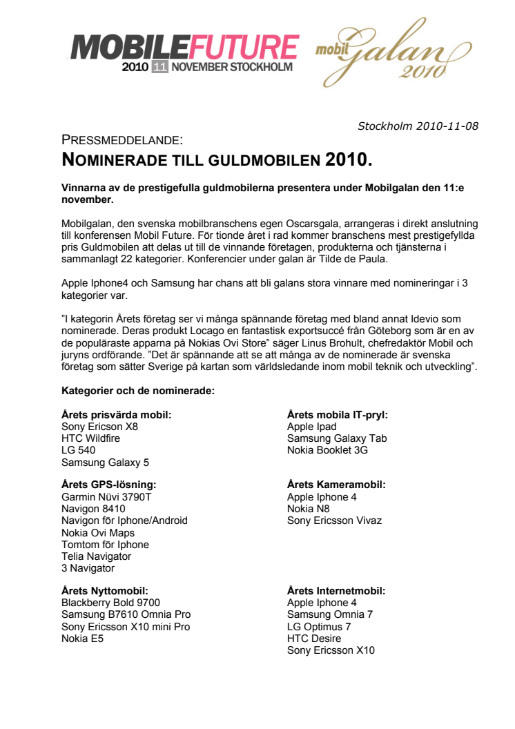 NOMINERADE TILL GULDMOBILEN 2010