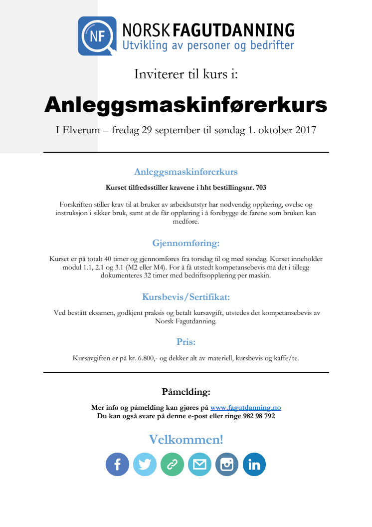 Invitasjon til anleggsmaskinfører kurs på Eleverom - oppstart 29 september 2017