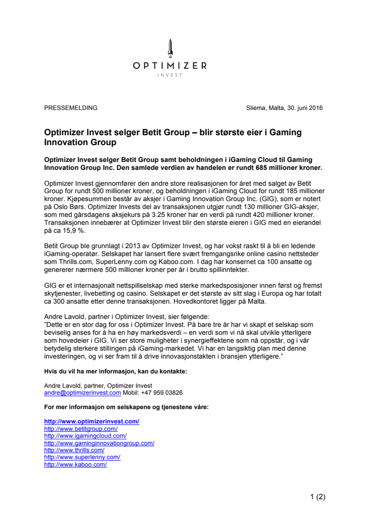 Optimizer Invest selger Betit Group – blir største eier i Gaming Innovation Group