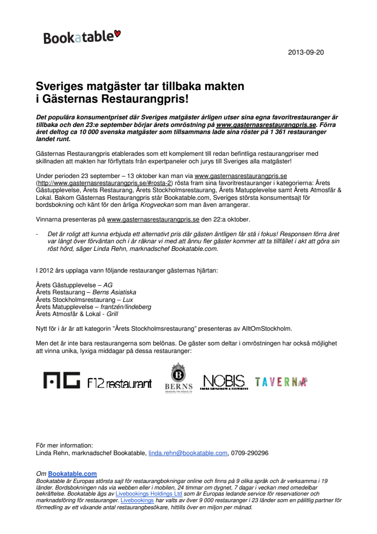Sveriges matgäster tar tillbaka makten i Gästernas Restaurangpris!