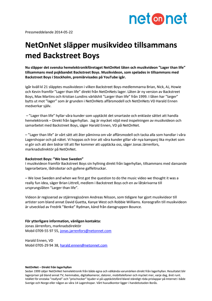 NetOnNet släpper musikvideo tillsammans med Backstreet Boys