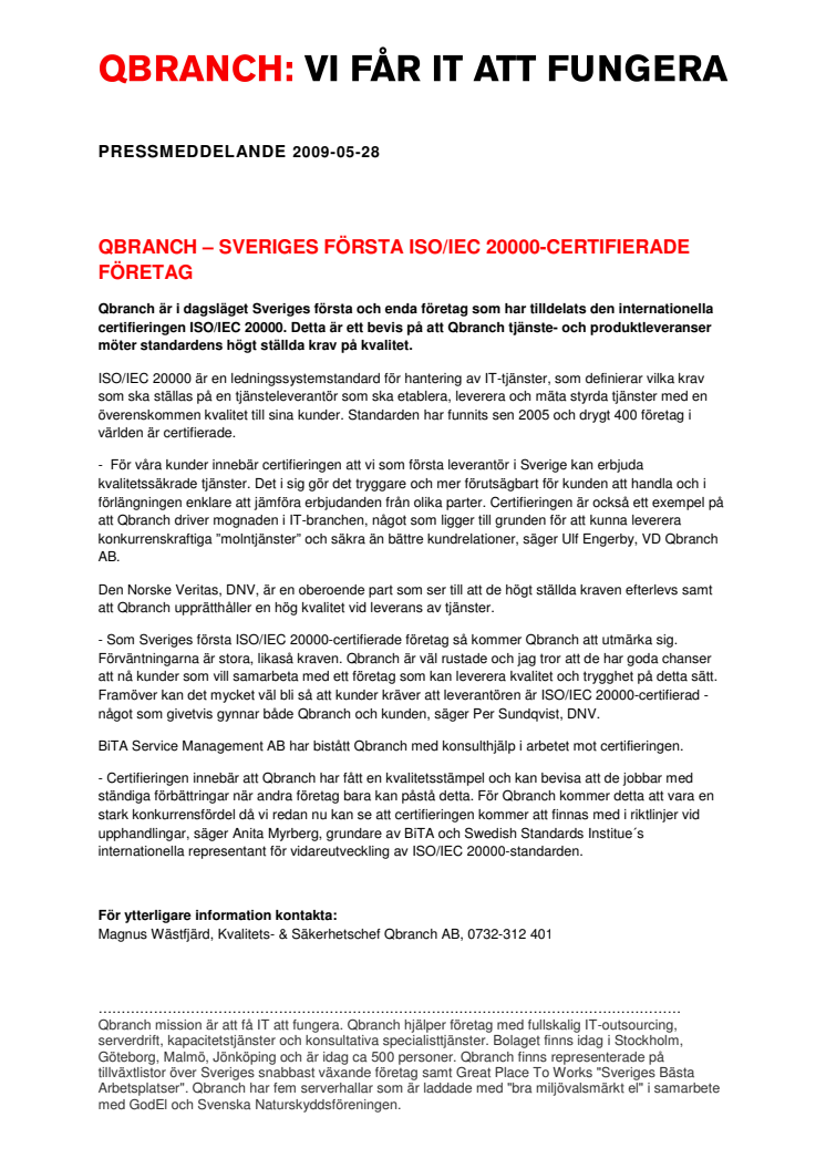 QBRANCH - SVERIGES FÖRSTA ISO/IEC 20000-CERTIFIERADE FÖRETAG