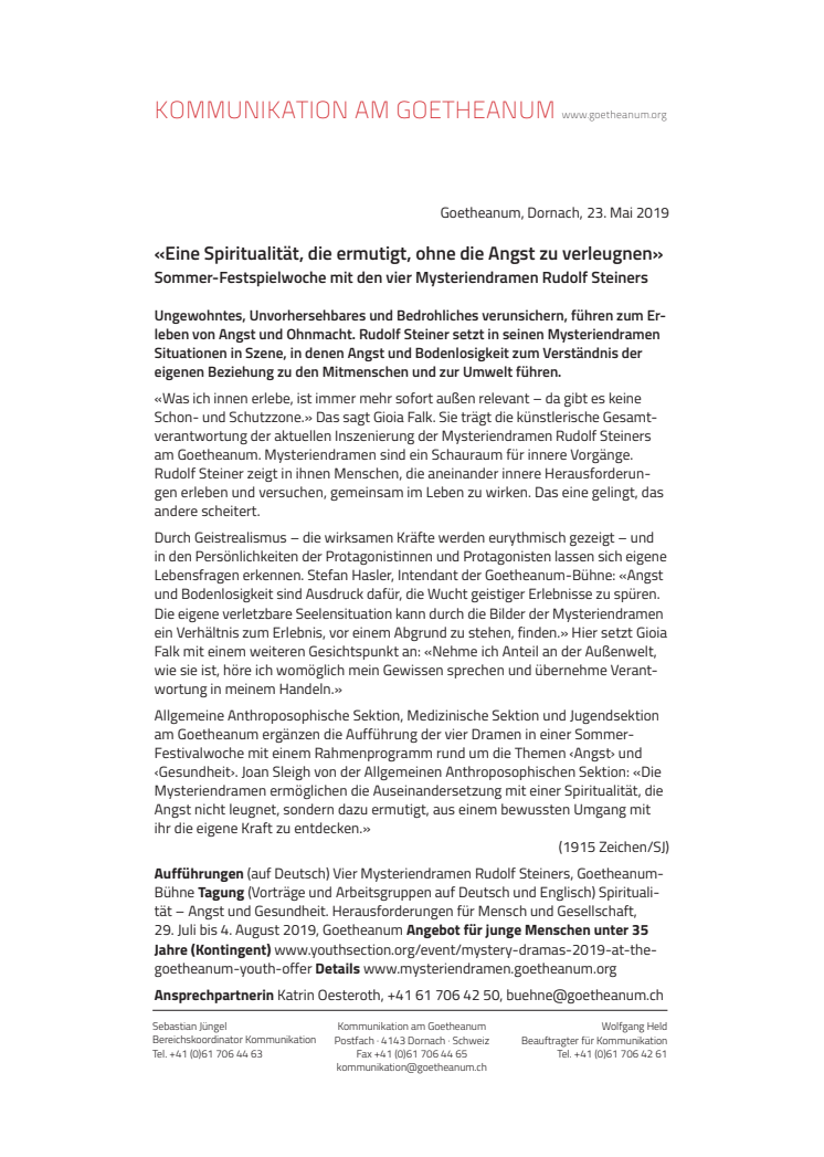 «Eine Spiritualität, die ermutigt, ohne die Angst zu verleugnen». ​Sommer-Festspielwoche mit den vier Mysteriendramen Rudolf Steiners